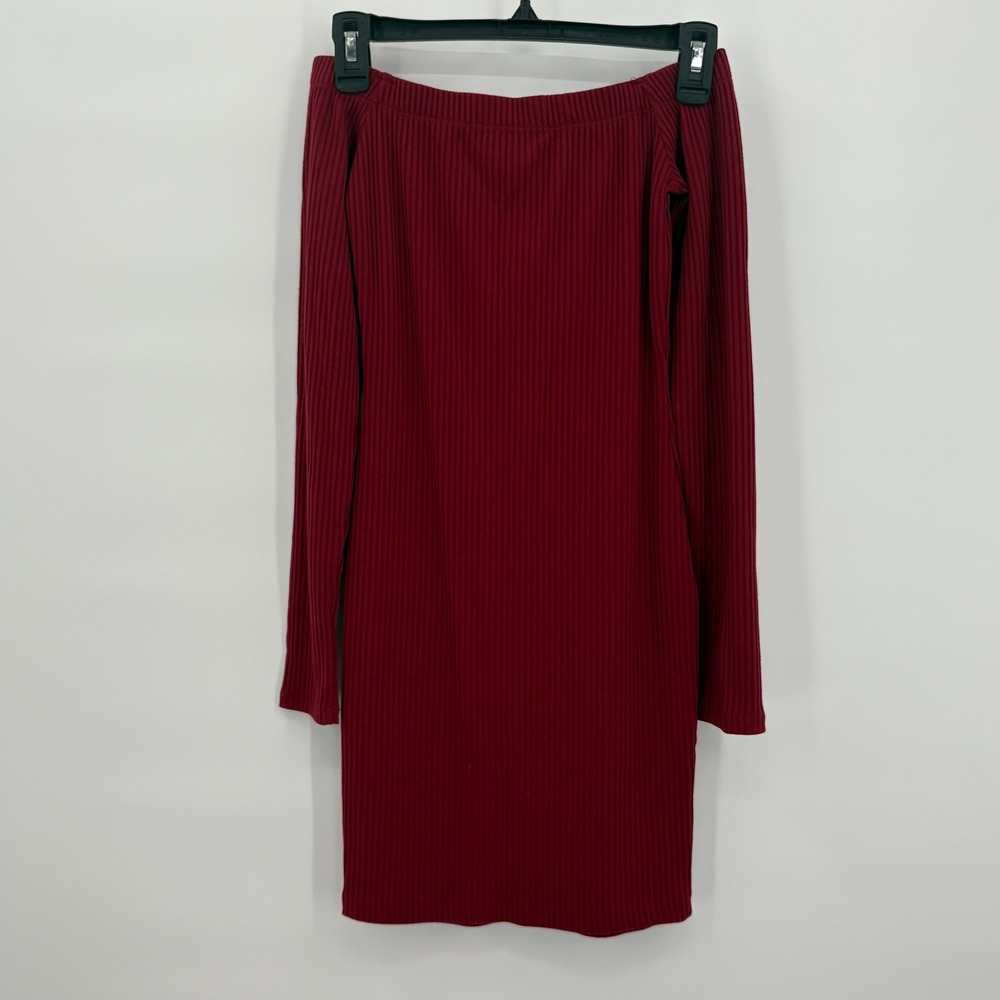 Fashion Nova Womens Burgundy Ribbed Off the Shoulder Long Sleeve Mini Dress S